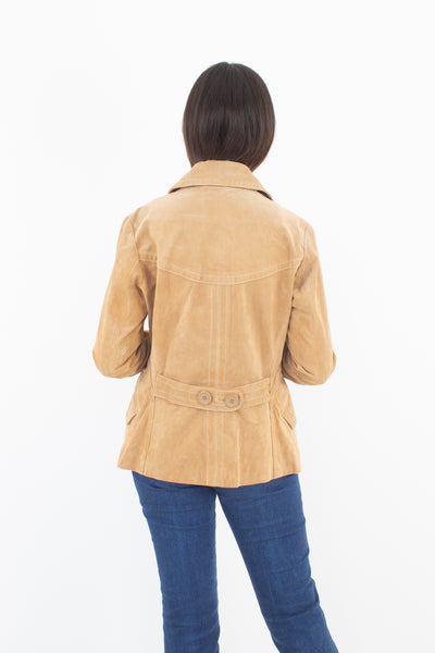 90s Does 70s Tan Suede Leather Short Trench Coat - Size S/M