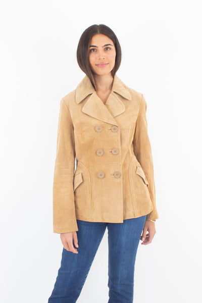 90s Does 70s Tan Suede Leather Short Trench Coat - Size S/M
