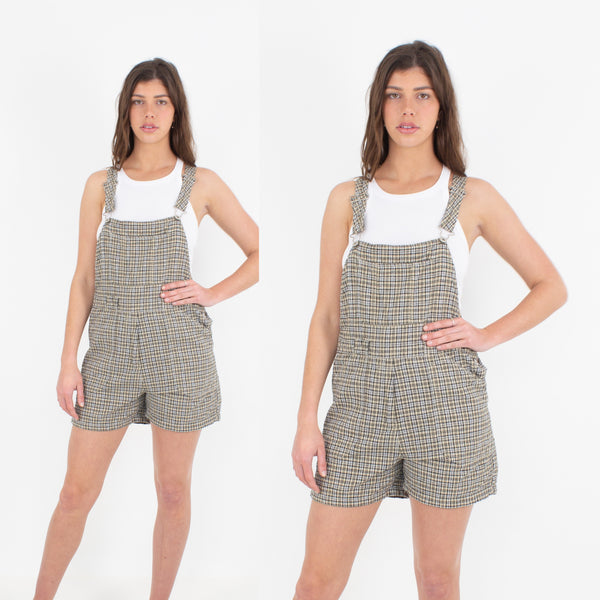 Beige & Black Gingham Check Linen Overalls - 3 Sizes XS, S & M
