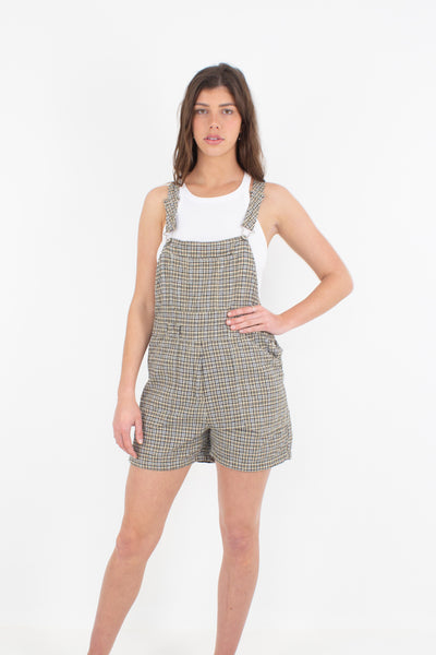Beige & Black Gingham Check Linen Overalls - 3 Sizes XS, S & M