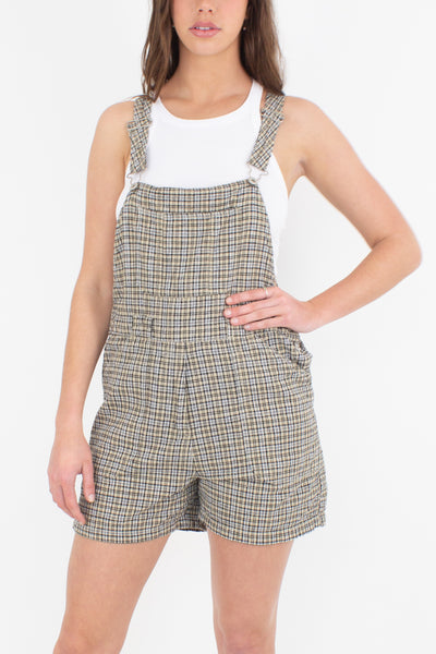 Beige & Black Gingham Check Linen Overalls - 3 Sizes XS, S & M