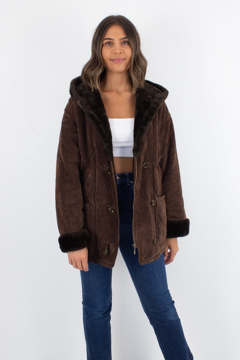 Chocolate Brown Suede Coat with Faux Fur Lining Size XS S M