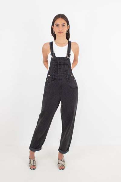 Long Washed Black Denim Overalls - Moda Intl - Size XS