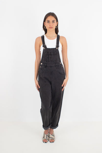 Long Washed Black Denim Overalls - Moda Intl - Size XS