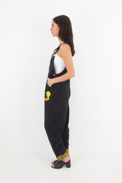 Tweety Bird Looney Tunes Long Black Denim Overalls - Size S/M