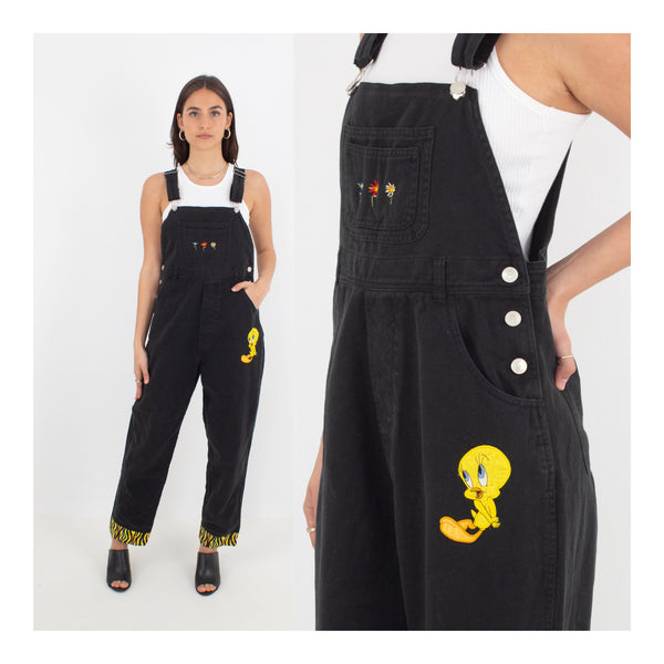 Tweety Bird Looney Tunes Long Black Denim Overalls - Size S/M