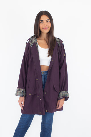 90s Oversized Purple Hooded Jacket with Check Print Detail - Size S/M/L/XL