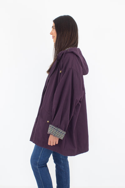 90s Oversized Purple Hooded Jacket with Check Print Detail - Size S/M/L/XL