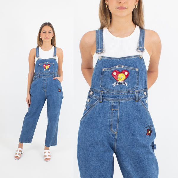 Tweety Bird Long Blue Denim Overalls with Patches - Size S
