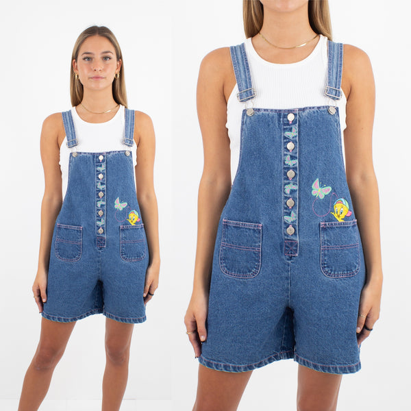 Tweety Bird Short Mid Blue Denim Overalls - Size XS/S
