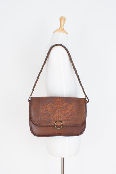 70s Tooled Brown Leather Shoulder Bag