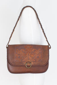 70s Tooled Brown Leather Shoulder Bag
