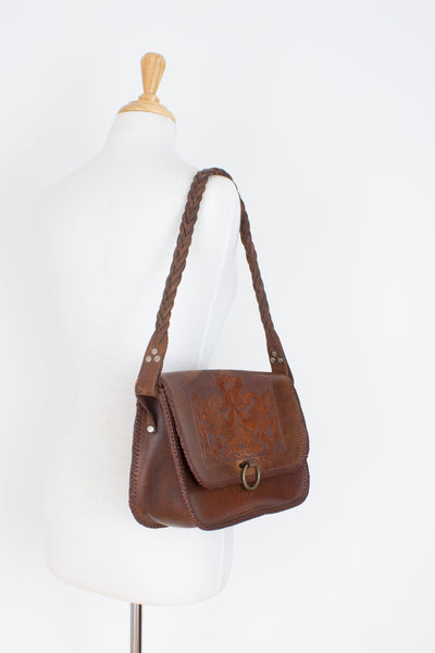 70s Tooled Brown Leather Shoulder Bag