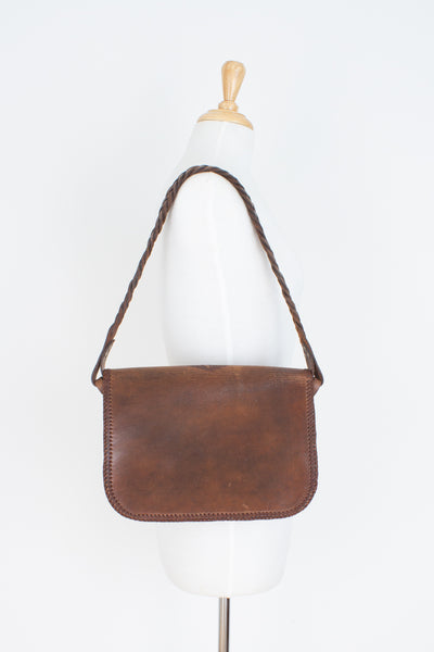 70s Tooled Brown Leather Shoulder Bag