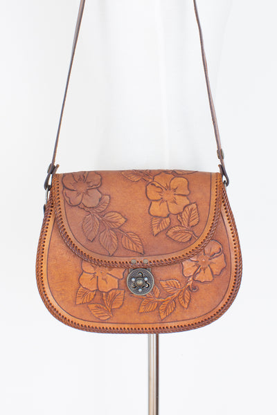 70s Tooled Tan Brown Leather Shoulder Bag - Rose Detail