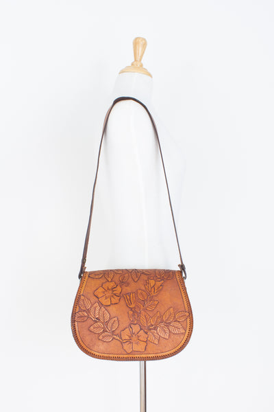 70s Tooled Tan Brown Leather Shoulder Bag - Rose Detail
