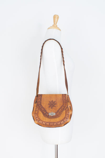 70s Small Tooled Tan Leather Shoulder Bag