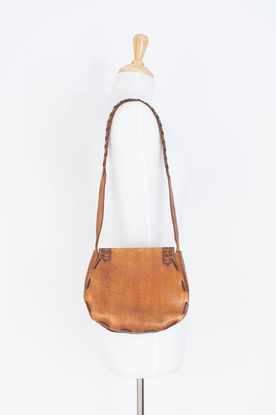 70s Small Tooled Tan Leather Shoulder Bag