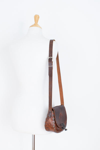 70s Small Tooled Leather Shoulder Bag