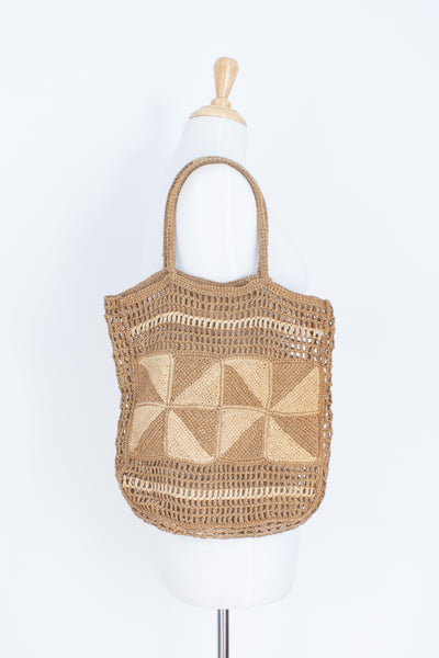 70s Brown & Tan Crochet Jute Sisal Market Bag