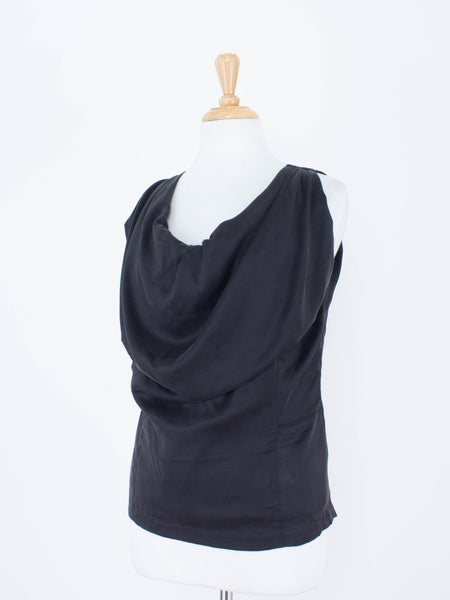 Black Silk Bubble Neck Drape Blouse - Satin Suede Silk | 3 Sizes - XS, S & M