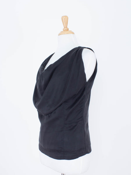 Black Silk Bubble Neck Drape Blouse - Satin Suede Silk | 3 Sizes - XS, S & M