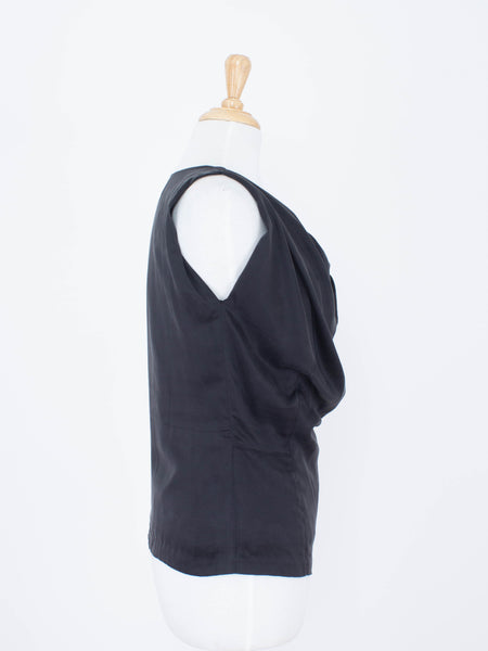 Black Silk Bubble Neck Drape Blouse - Satin Suede Silk | 3 Sizes - XS, S & M
