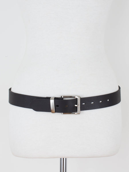 Unisex Black Leather Belt with Silver Buckle - Size 32"-37" / M-L