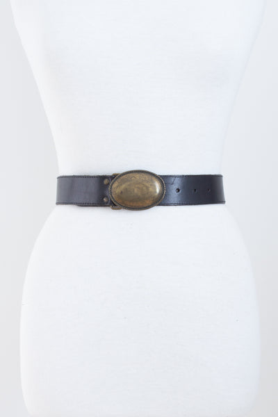 Black Leather Belt with Oval Brass Buckle - Size 25"-29" / XS-S