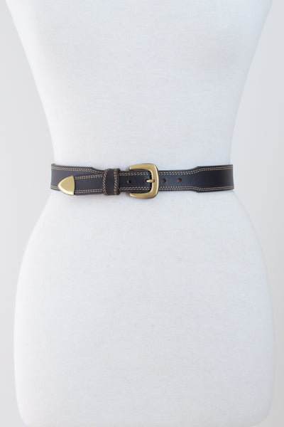 Black Leather Belt with White Stitching & Brass Buckle - Size 25.5"-28.5 / XS/S
