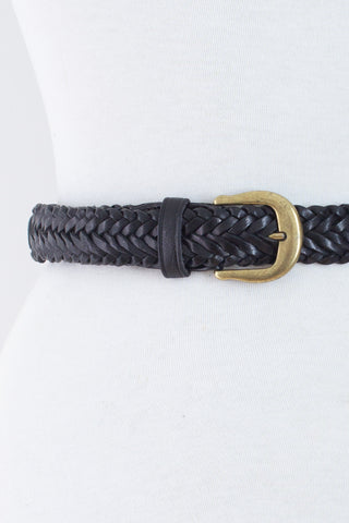 Black Woven Leather Belt with Brass Buckle | Size XS-S