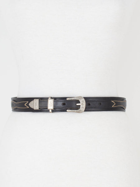 Black Leather Western Belt with Silver Buckle & Concho Hardware | Size M 28"-30"