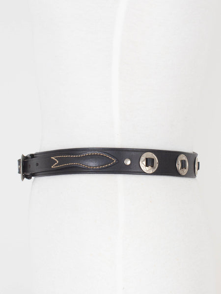 Black Leather Western Belt with Silver Buckle & Concho Hardware | Size M 28"-30"