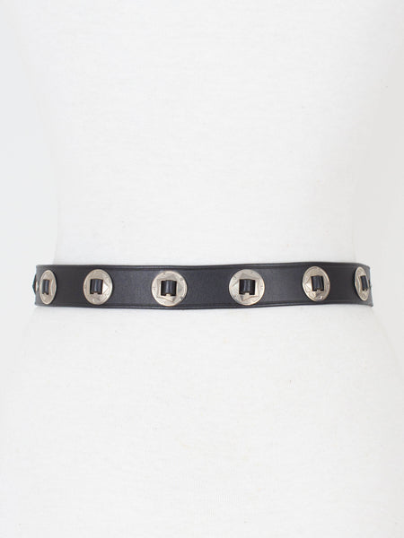 Black Leather Western Belt with Silver Buckle & Concho Hardware | Size M 28"-30"