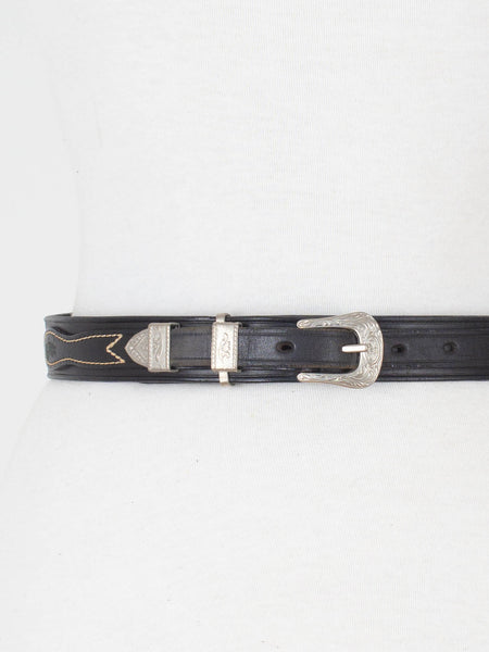 Black Leather Western Belt with Silver Buckle & Concho Hardware | Size M 28"-30"