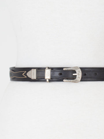 Black Leather Western Belt with Silver Buckle & Concho Hardware | Size M 28"-30"