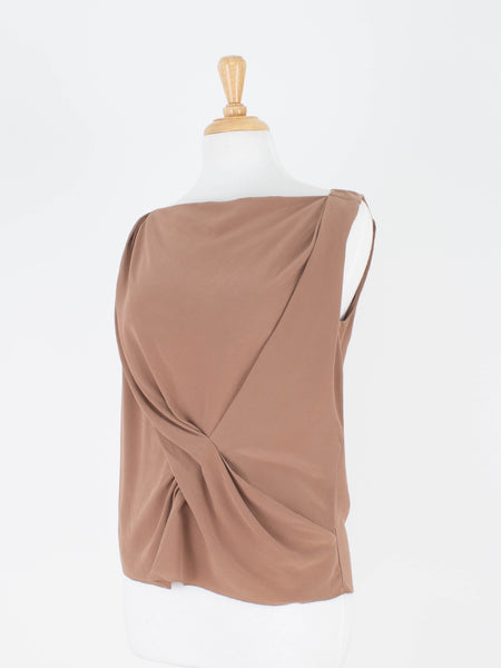 Chestnut Brown Silk Boat Neck Gathered Blouse | 3 Sizes - XS, S & M