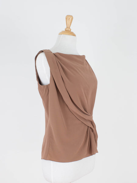 Chestnut Brown Silk Boat Neck Gathered Blouse | 3 Sizes - XS, S & M