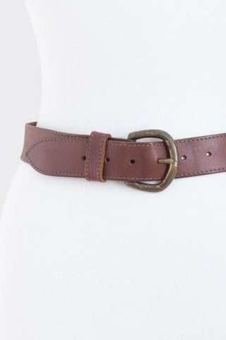Brown Leather Belt with Brass Buckle - Size 28"-34" / M