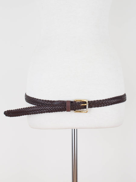 Unisex Thin Brown Woven Leather 70s Belt | Mid to Low Waist | Size Fits M-XL