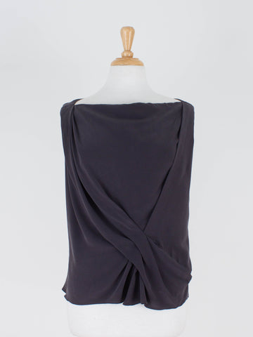 Charcoal Grey Silk Boat Neck Gathered Blouse | 3 Sizes - XS, S & M
