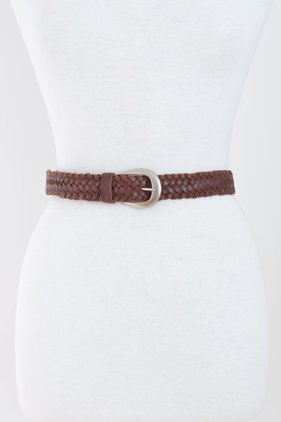 Brown Woven Leather Belt with Silver Buckle | Size XS-S