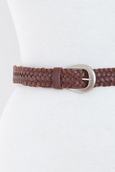 Brown Woven Leather Belt with Silver Buckle | Size XS-S