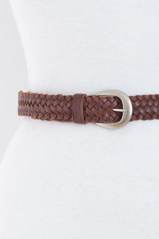 Brown Woven Leather Belt with Silver Buckle | Size XS-S