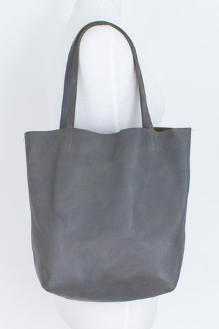 Grey Leather Shoulder Tote Bag - Straw