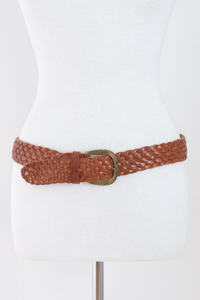 Light Brown Woven Leather Belt with Brass Buckle | High Waist, Mid or Low Rise - Size XS-M