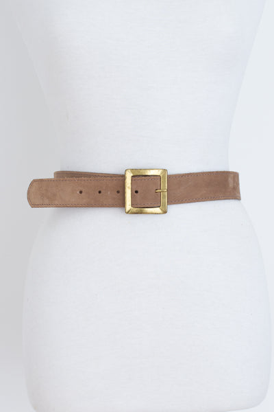 Light Brown Suede Leather Belt with Square Brass Buckle - Size 30"-33" / M