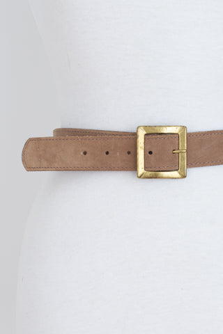 Light Brown Suede Leather Belt with Square Brass Buckle - Size 30"-33" / M