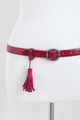 Thin Magenta Leather Belt with Tassel - Size 31"-37" / M