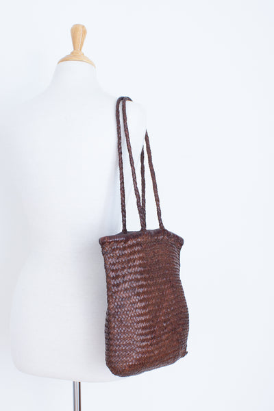 70s Braided Brown Leather Bag - Square